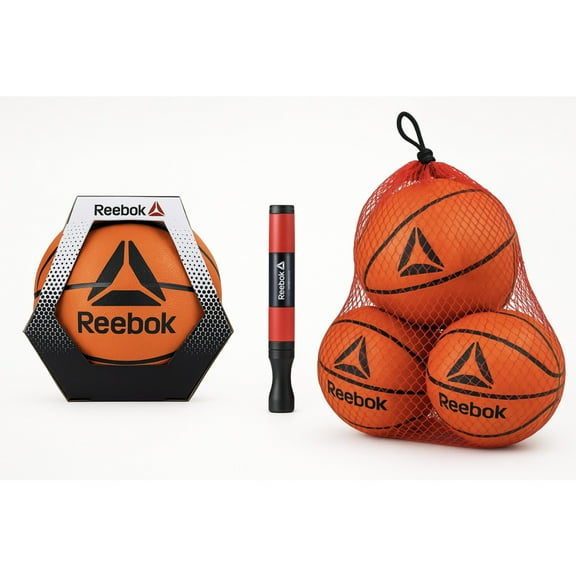 Reebok Basketball Set – Outdoor Sports Equipment Kit with Size 7 Rubber Basketball, Dual-Action Hand Pump with Mesh Ball Bag