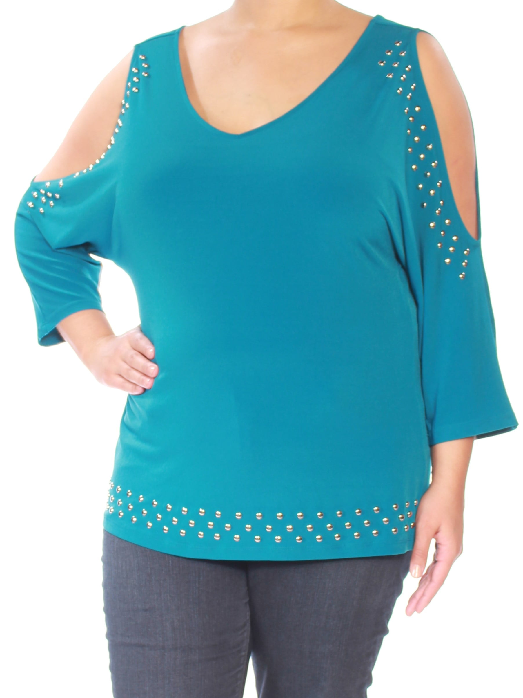 INC Womens Teal Cut Out Embellished 3/4 Sleeve Scoop Neck Tunic Top