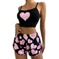 thumbnail image 2 of Pajamas Set For Women Cute Heart Printed Suspender Shorts Two Piece Set Silk Home Outfit Black M, 2 of 6