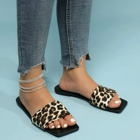 

Cathalem Ladies Fashion Summer Leopard Print Leather Square Toe Open Toe Flat Slippers Clog Slippers for Women Black 9