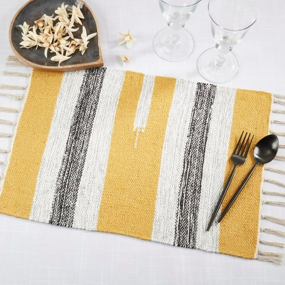 Fennco Styles Modern Striped Fringe Placemats 12" W x 18" L, Set of 4 - Multicolored Cotton Blend Woven Table Mats for Home, Dining Room, Banquets, and Family Gatherings