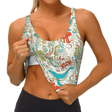 Qokaie Wild Sea Life Pattern Womens Scoop Neck Sports Bra Breathable Workout Vest Padded U Back Medium Impact Fitness Gym Yoga Bra Workout Crop Top