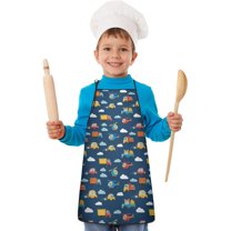 Cartoon Construction Vehicles Clouds Navy Pattern Kids Aprons for Girls and Boys,Adjustable Neck Strap Toddler Aprons for Kids Cooking Baking
