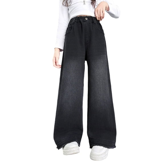 Xijirk Girls Pants,Rhinestone Bow Denim Pants for Girls Casual Loose Fit Flared Straight Leg Autumn Trousers for Big Kids Casual Jeans,Black,15-16 Years
