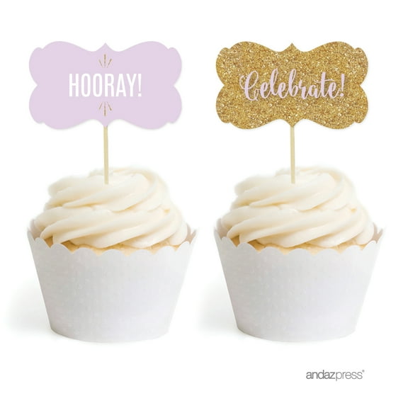 Signature Lavender, White, Gold Glittering Party, Fancy Frame Cupcake Toppers, 18-Pack