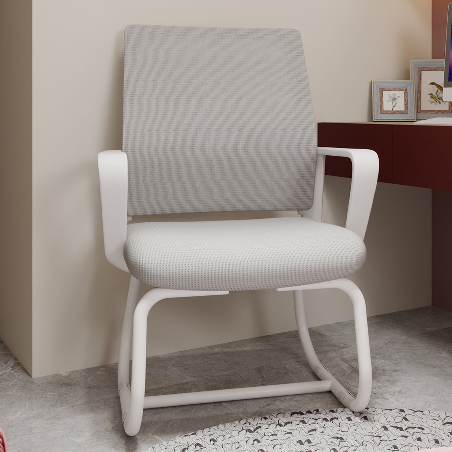 Modern Office Chair No Wheels, Ergonomic Study Chair with Handrail and Steel Legs, Comfy Home Office Desk Chairs with Ultra Thick Cushion, White+Gray