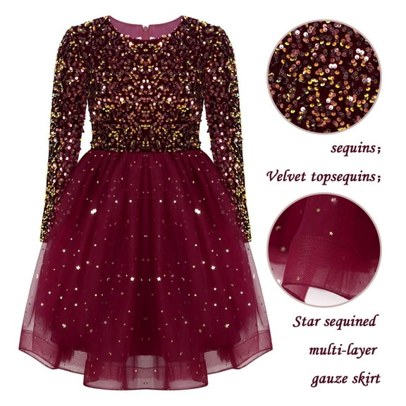 Miutii Shiny Sequin Long Sleeve Velvet Tulle Tutu Princess Dress Wedding Birthday Party Flower Girls Red 130