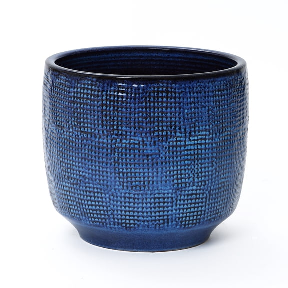 LuxenHome 15.75-Inch Round Ceramic Planter, Deep Blue Glaze with Basket Texture