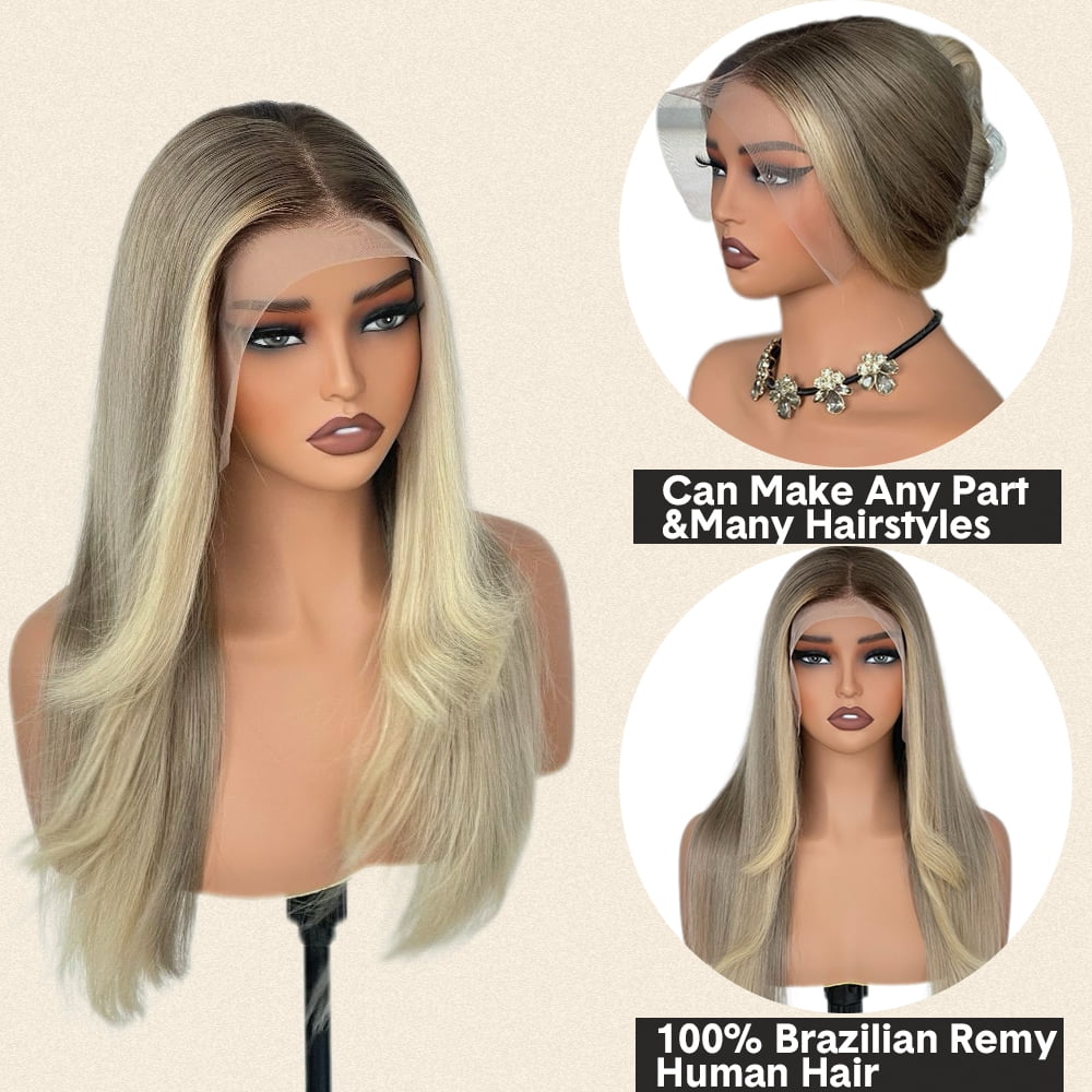 Mint Beige Blonde Ombre Highlight Lace Front Wigs Human Hair Pre Bleached Pre Plucked HD Transparent Lace Frontal Virgin Human Hair Wigs 180% Density Layered Cut Style Wig Human Hair With Baby Hair