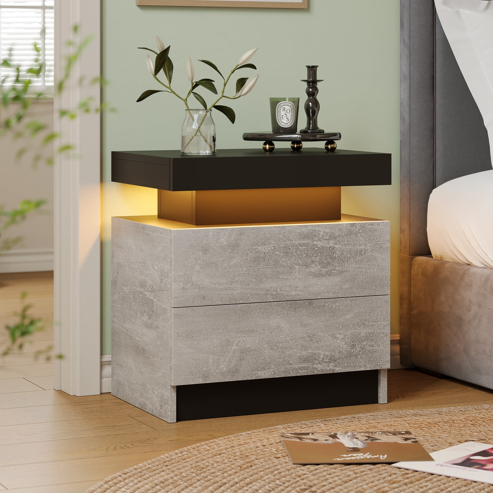 Cubehom Nightstand LED Bedside Table with 2 Drawers Modern Wood for Adults Bedroom Room Grey