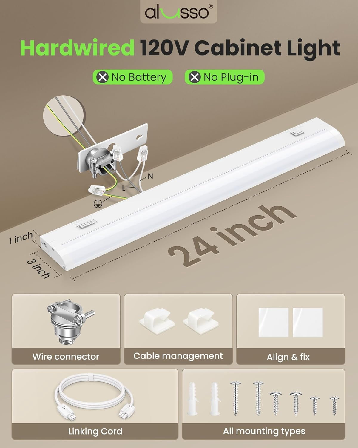 24 Inch LED Under Cabinet Lighting Hardwired 120V, 5CCT Color Selectable 2700K-5000K Dimmable 15W 1200LM High Brightness, CRI 90+ Strip Linkable Under Counter Lights for Kitchen Sink, 1 Pack