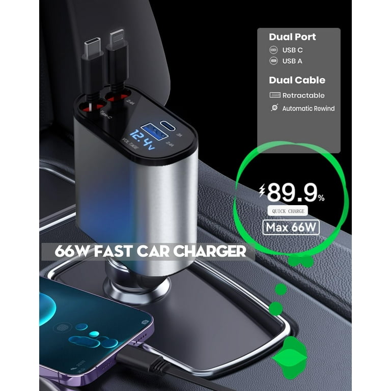 Retractable Car Charger,68W 4 in 1 Super Fast Charge Car Phone