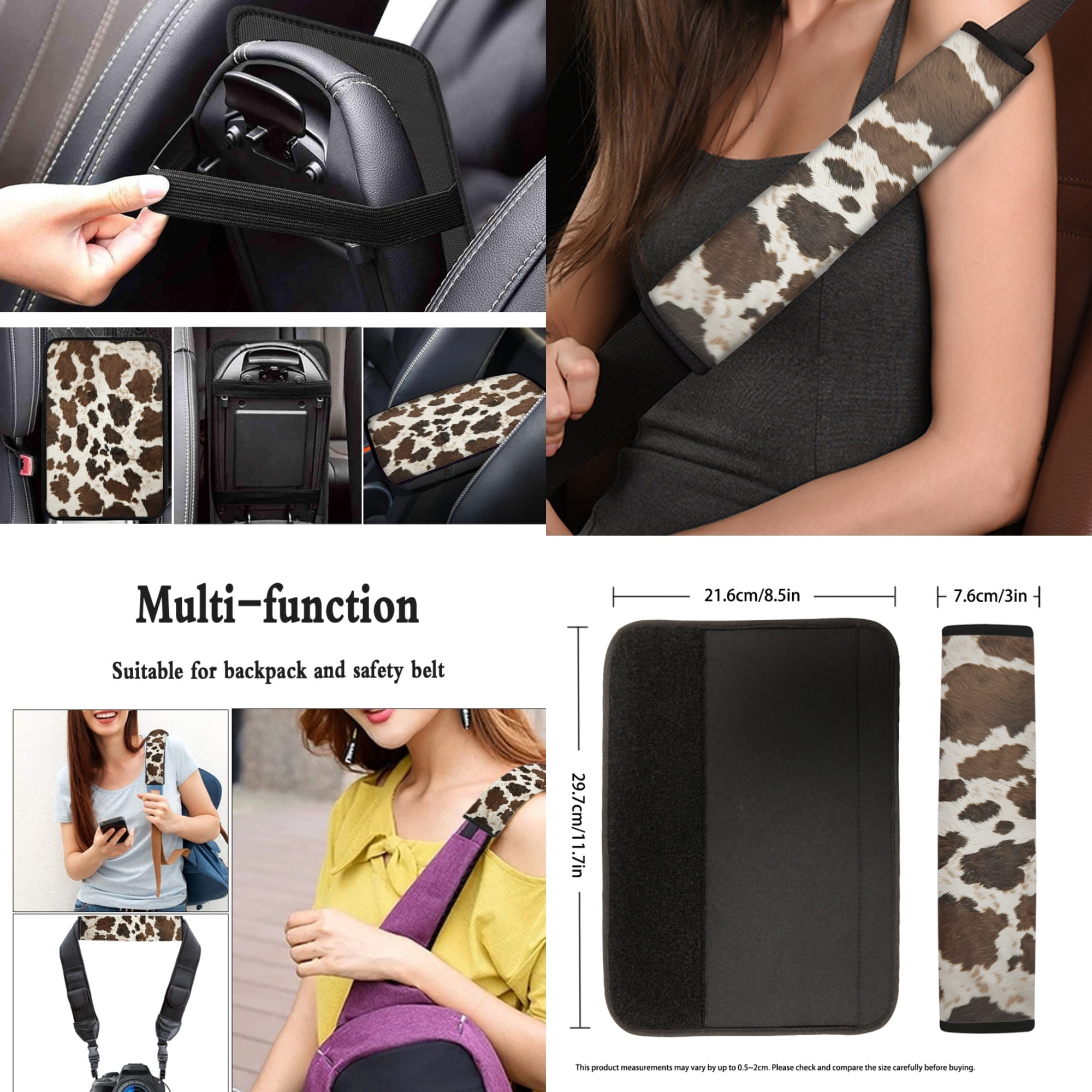 Jeiento Brown Cow Print Car Seat Covers Front Rear Split Bench Full Set Steering Wheel Seat Belt Pads Coasters Armrest Pad Keychain Chapstick Holder, 13 PCS Automobile Interior Sets