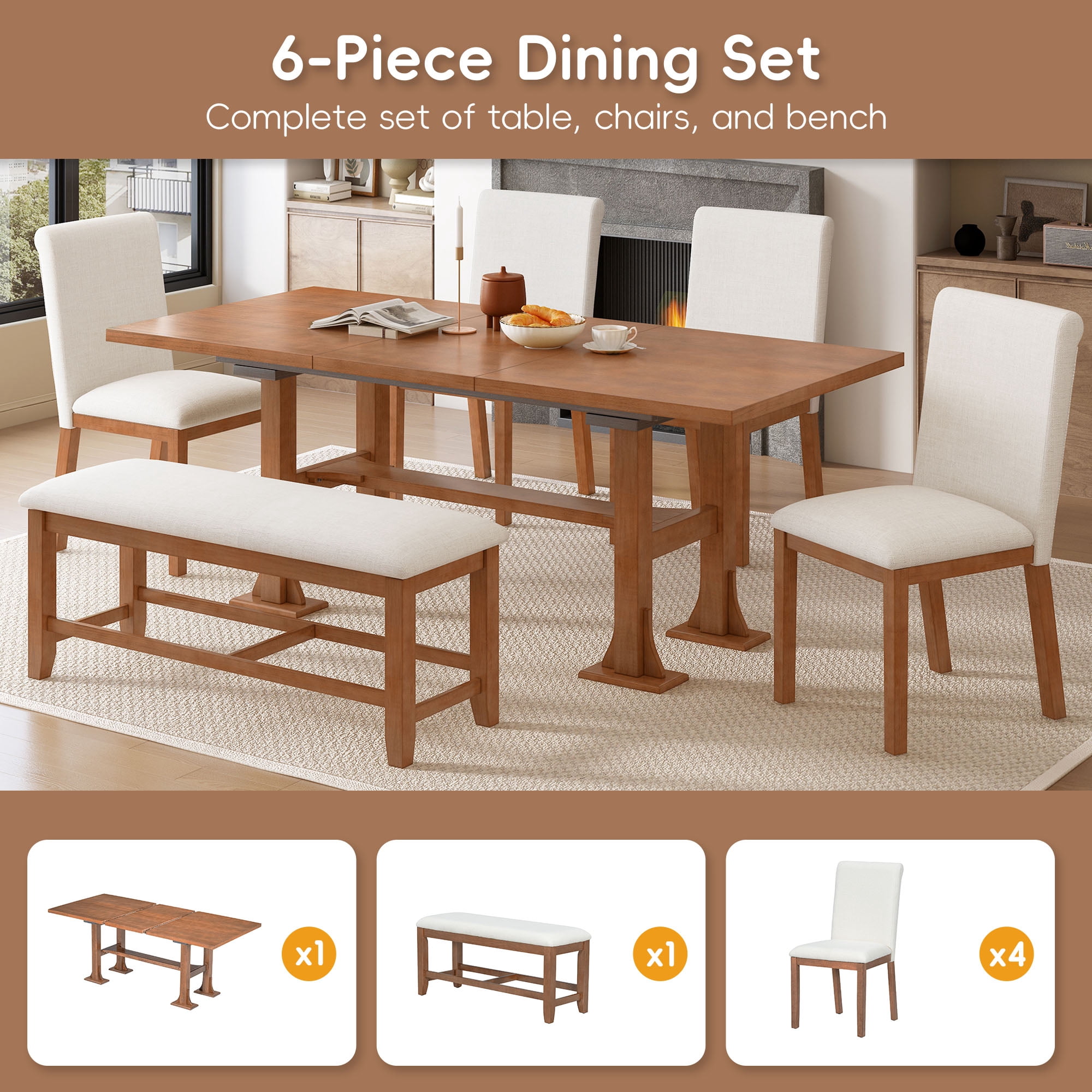 6-Piece Dining Table Set for 6, 58"-76" Extendable Dining Table with Removable Leaf, 4 Chair and Bench