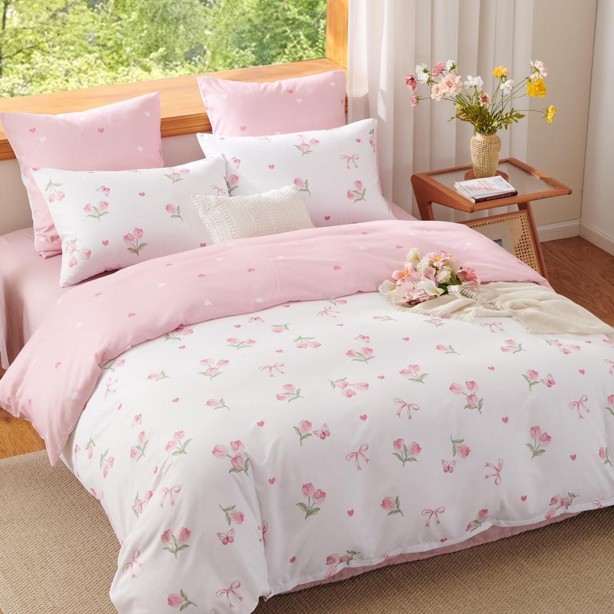 JOLUSERE Pink Tulip Twin Comforter Set, 2-Piece Pink Flowers Reversible Soft Bedding Set or Adults All Season