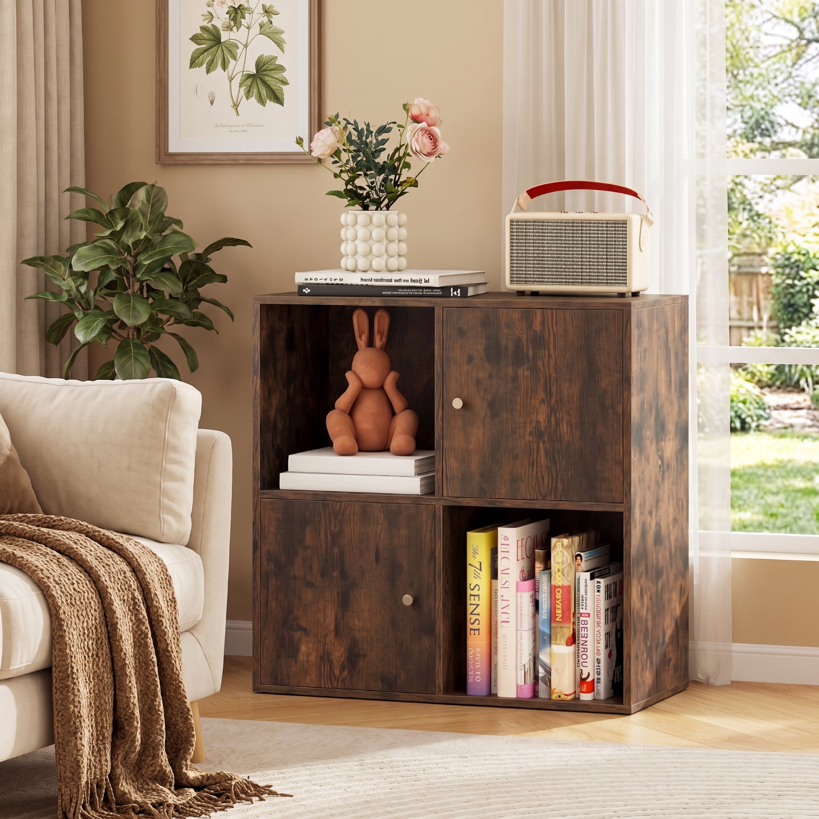 Furnibear 4-Cube 3-Tier Bookcase with 2 Cabinets Dual Anti-Tipping Kits and Metal Knobs for Living Room and Home Office, White