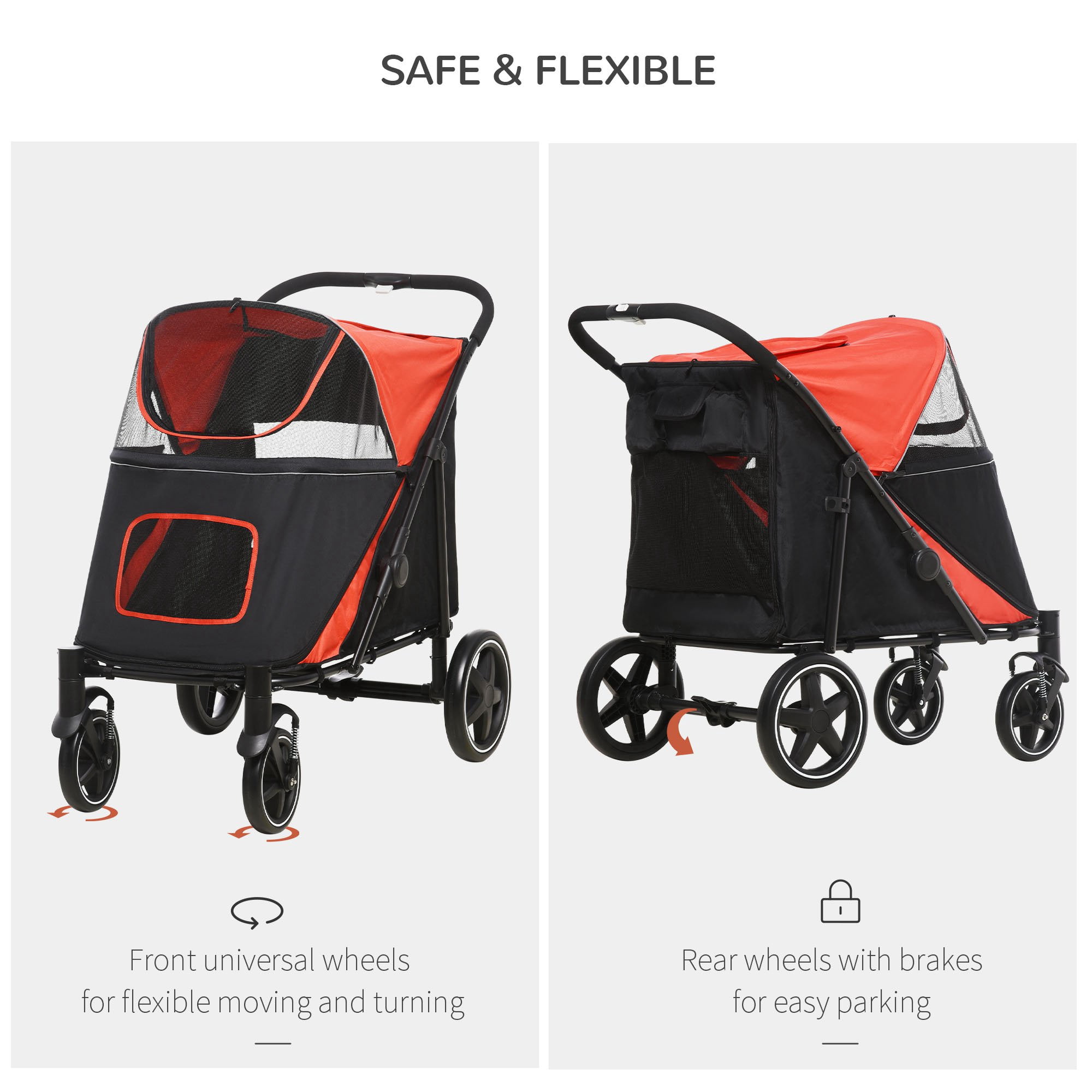 One-Click Foldable Doggy Stroller for Medium Large Dogs, Pet Stroller with Storage, Smooth Ride with Shock Absorption, Mesh Window, Safety Leash, Big Dog Walking Stroller, Red
