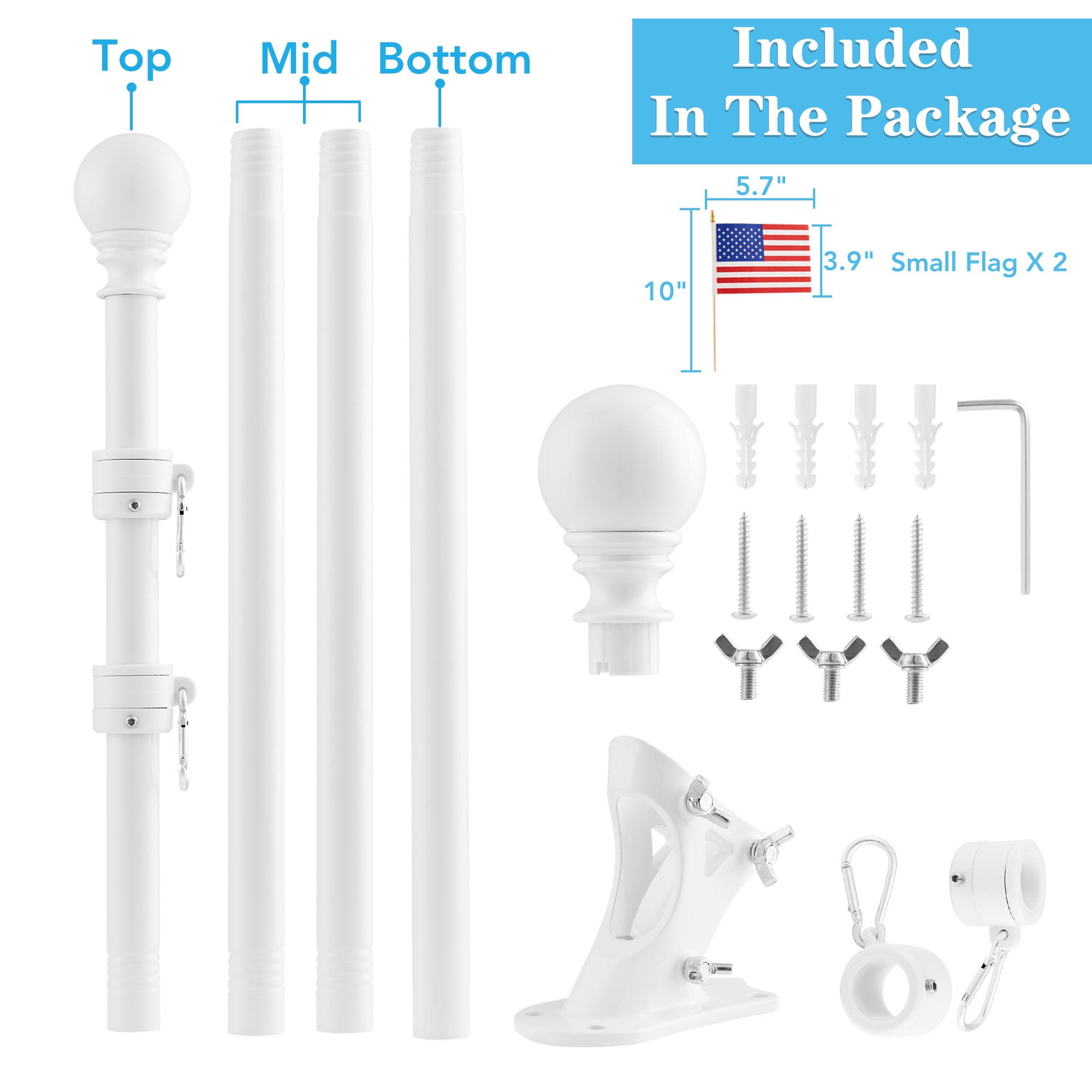 Widyana Metal Flag Pole 5Ft, Include a 3x5Ft US Flag, a Holder, Two No-Tangle Rings, 1 Set, White