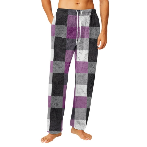 Fgvctg Mens Pajama Pants Sleepwear Fleece Plaid Pajama Pant Comfortable Sleep Lounge Pants Drawstring Pjs Bottom Lightweight Warm Lounge Bottoms With Pockets Light Purple 2XL
