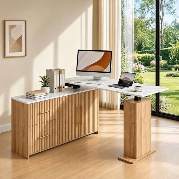 NORTHSKY 55" L-Shaped Electric Standing Desk with Drawers and Storage Cabinet, Height Adjustable Corner Desk for Home Office