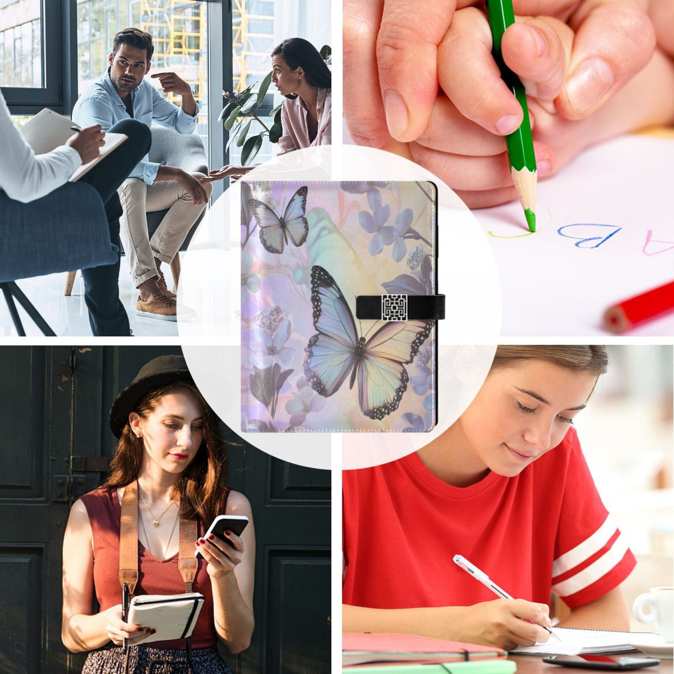 Leather Planner Leather Notebook Notebook Journal Binder Design Pen Pocket Design Convenient for Storage Purple Rainbow Butterfly
