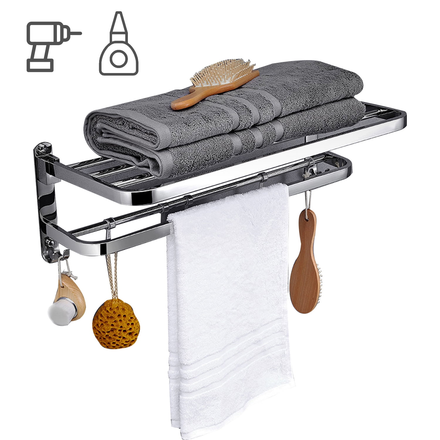 Towel Rack for Bathroom Double Towel Bar with Shelf Folding Shower Towel Holder Wall Mounted
