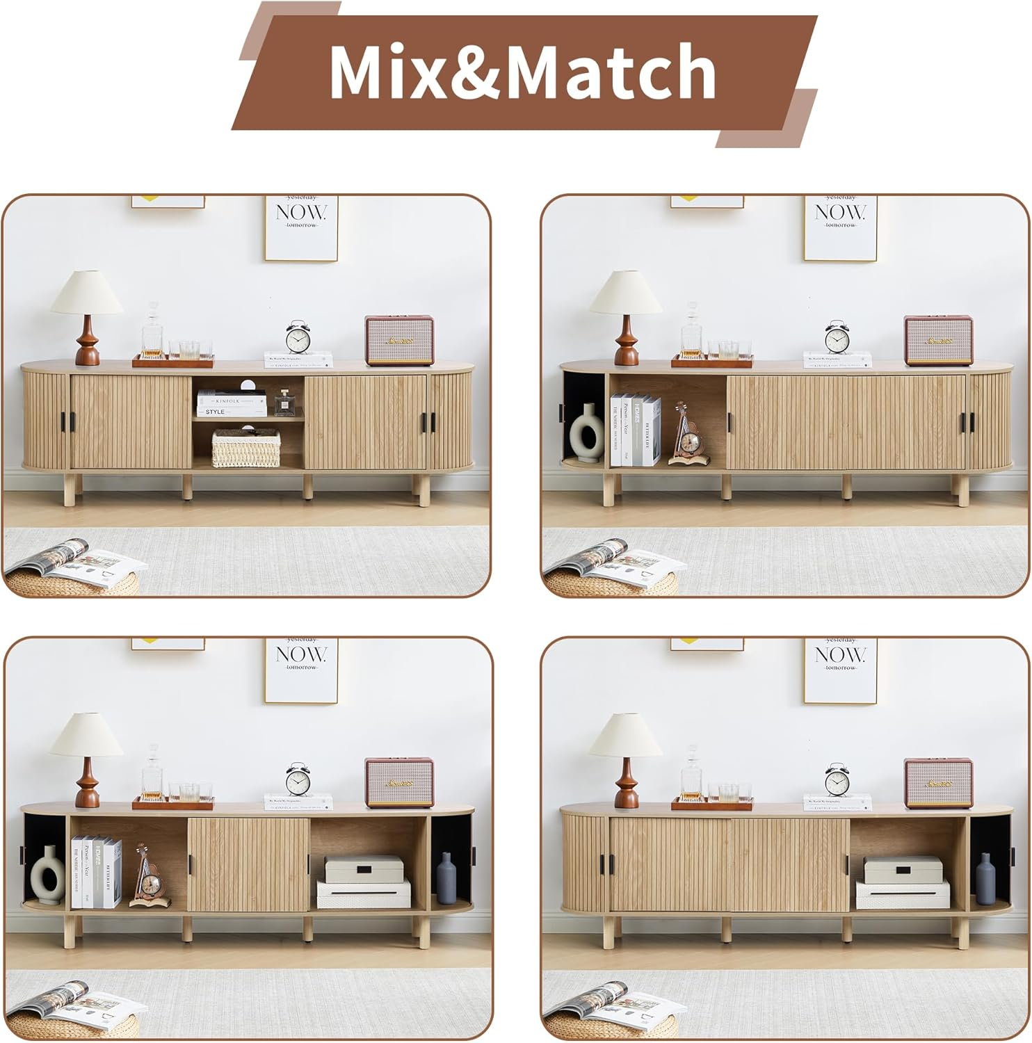 LEFHDA 70.8" Mid-Century Modern TV Stand with Tambour Doors, Natural photo 6