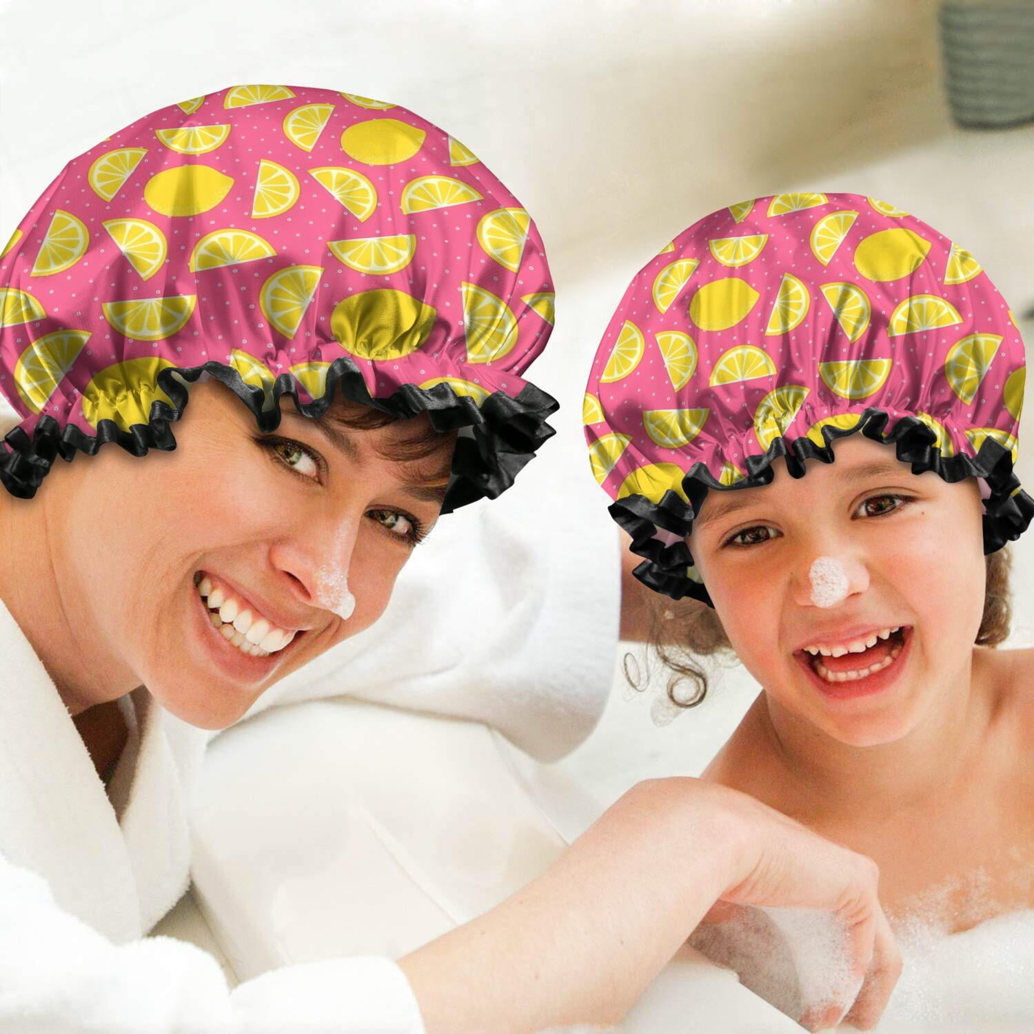 Shower Caps,Yellow Lemon Fruit Slices Pink Pattern Waterproof Shower Cap for Women 4 Pieces,Double Reusable Hair Cover for Shower PEVA Elastic Stretch Hem