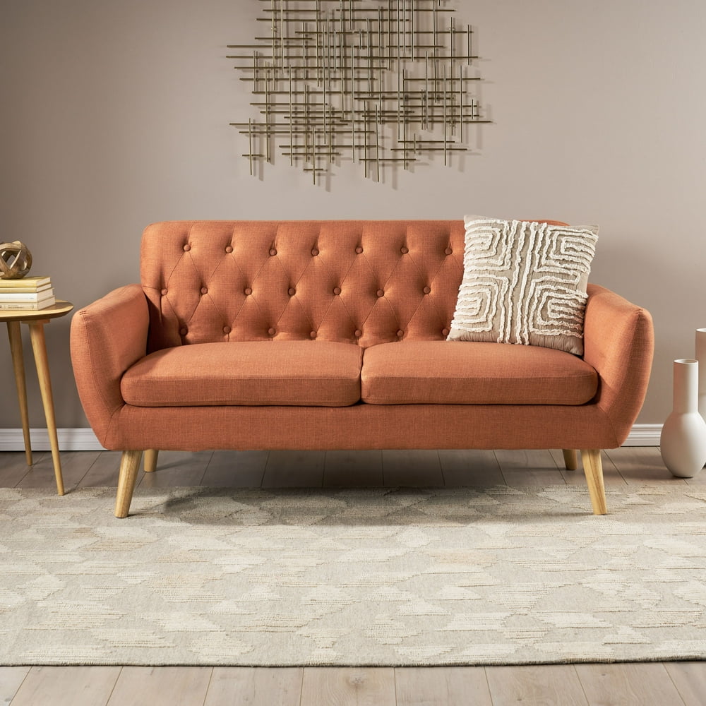 Eunice Petite Mid Century Modern Tufted Fabric Sofa, Burnt Orange