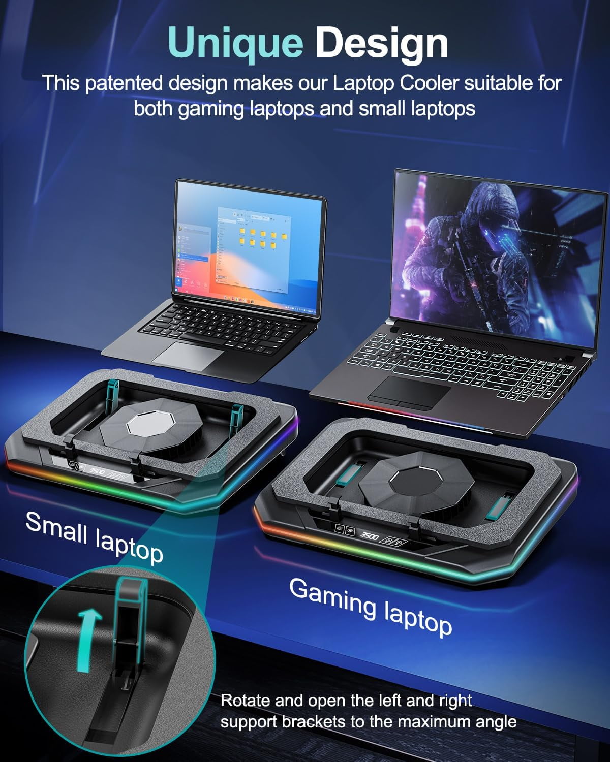 Gaming Laptop Cooling Pad, RGB Cooler Stand with Powerful Turbofan (3500 RPM), Height Adjustable Fan Pad for 13-19 Inches Notebook, Sealed Foam, Touch Control