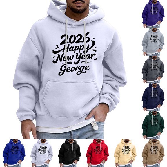 Happy New Year Men's Sports Leisure Long Sleeves with Pocket Hooded Hoodie for Casual Outings, Winter Comfort, and Holiday Celebrations,Black,L