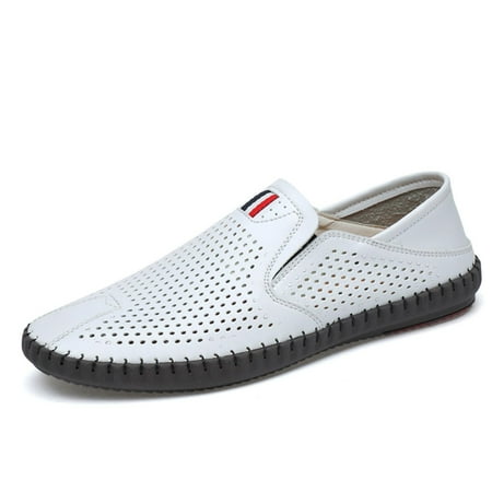 Men s leather hollowed out breathable loafers  fashionable round toe soft soled flat sandals  formal business casual comfortable work shoes