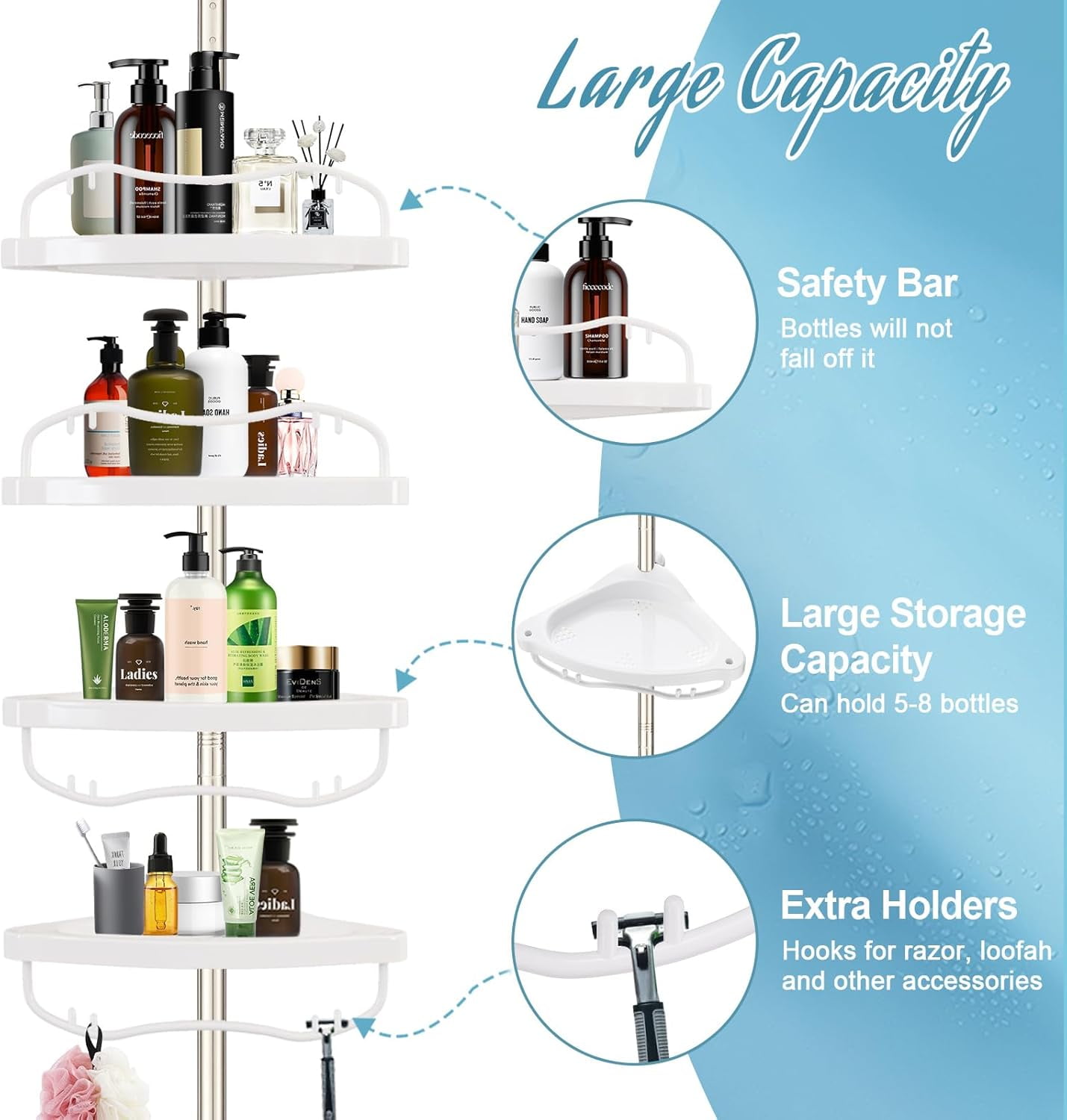 Shower Caddy Corner, No Drilling Rustproof Bathtub Shower Storage Organizer for Bathroom,4-Tier Adjustable Shelves with Tension Pole, White
