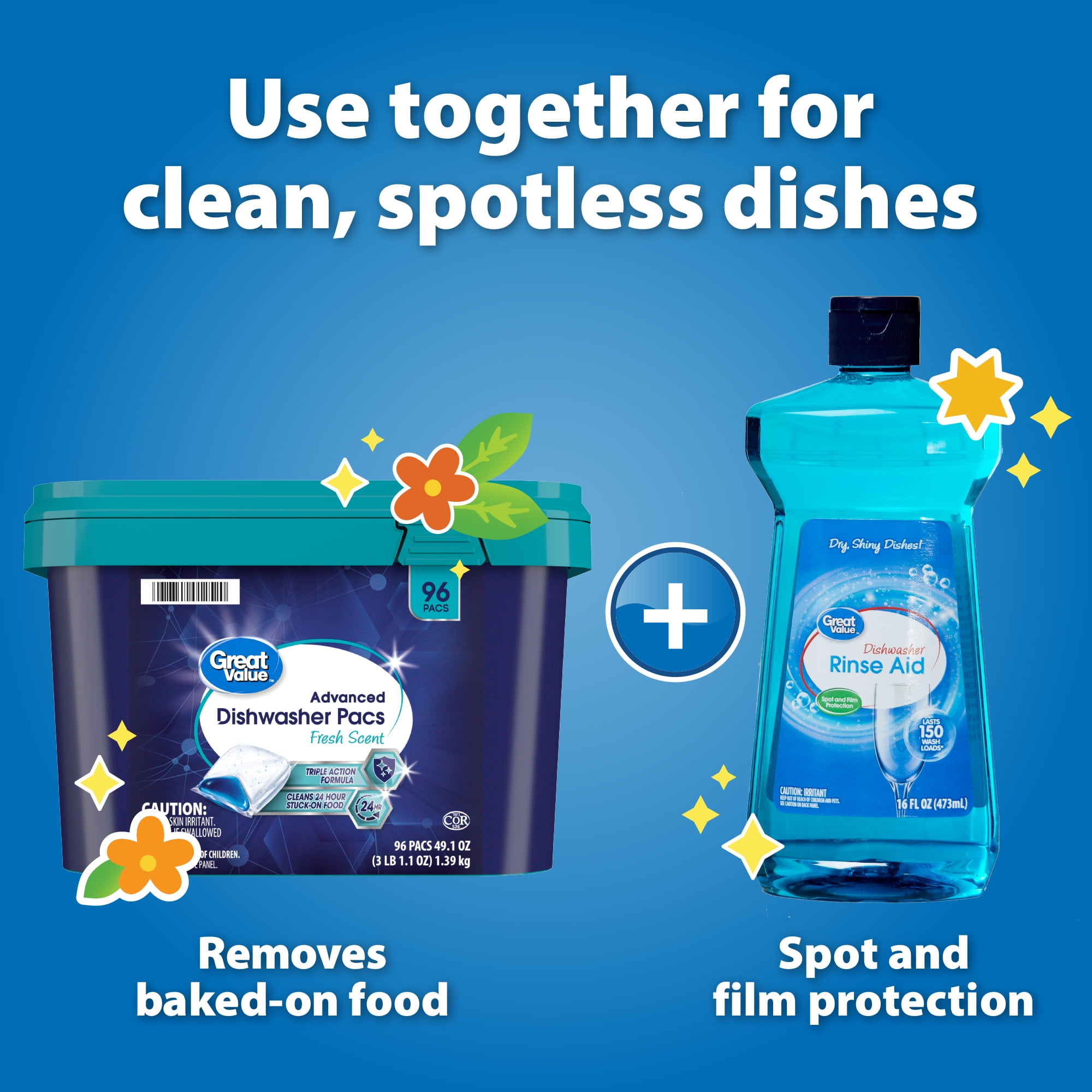 Great Value Pacs Dishwasher Detergents, Fresh Scent, 49.1 Ounce, 96 Count