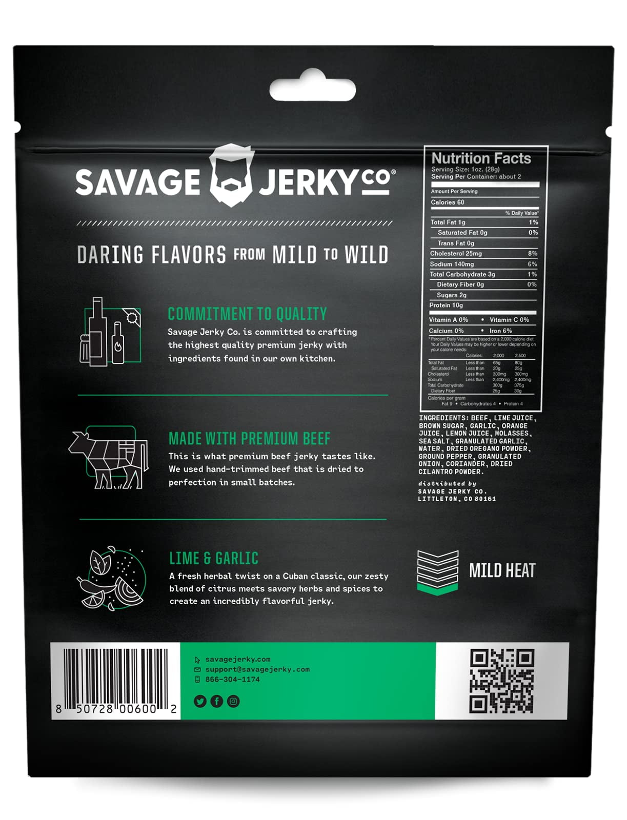 Savage Mojo Lime & Garlic Jerky 2.2 oz Pack Of 8