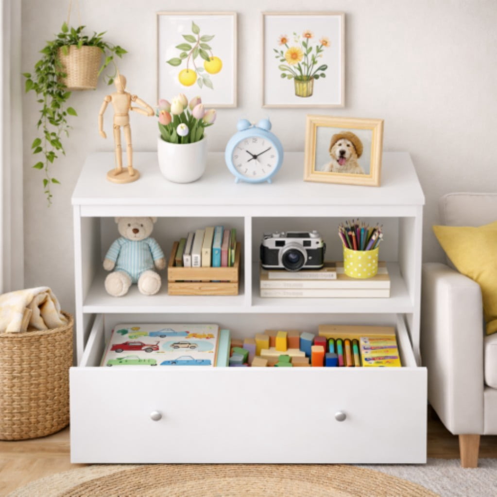 Kids Toy Storage Organizer with Large Drawer, 2-Tier Low Bookshelf & Open Shelves, Wooden Bookcase Cabinet for Books and Toys, Nursery, Playroom & Bedroom, White