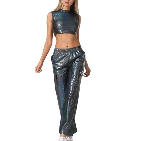 Women's Metallic Outfits 2 Piece Shiny Sets Shinny Sleeveless High Neck Crop Top High Waist Sweatpants Holographic Jogger Hip Hop 2PCS Clubwear Matching Sets for Party