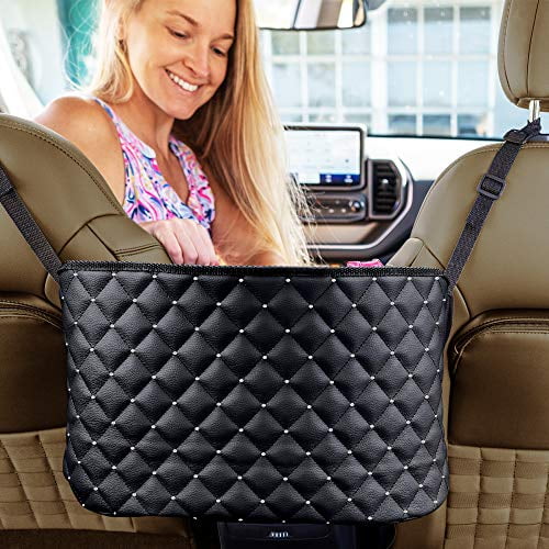 Upgrade Car Net Pocket Handbag Holder Between Car Seat Storage PU Leather Black 