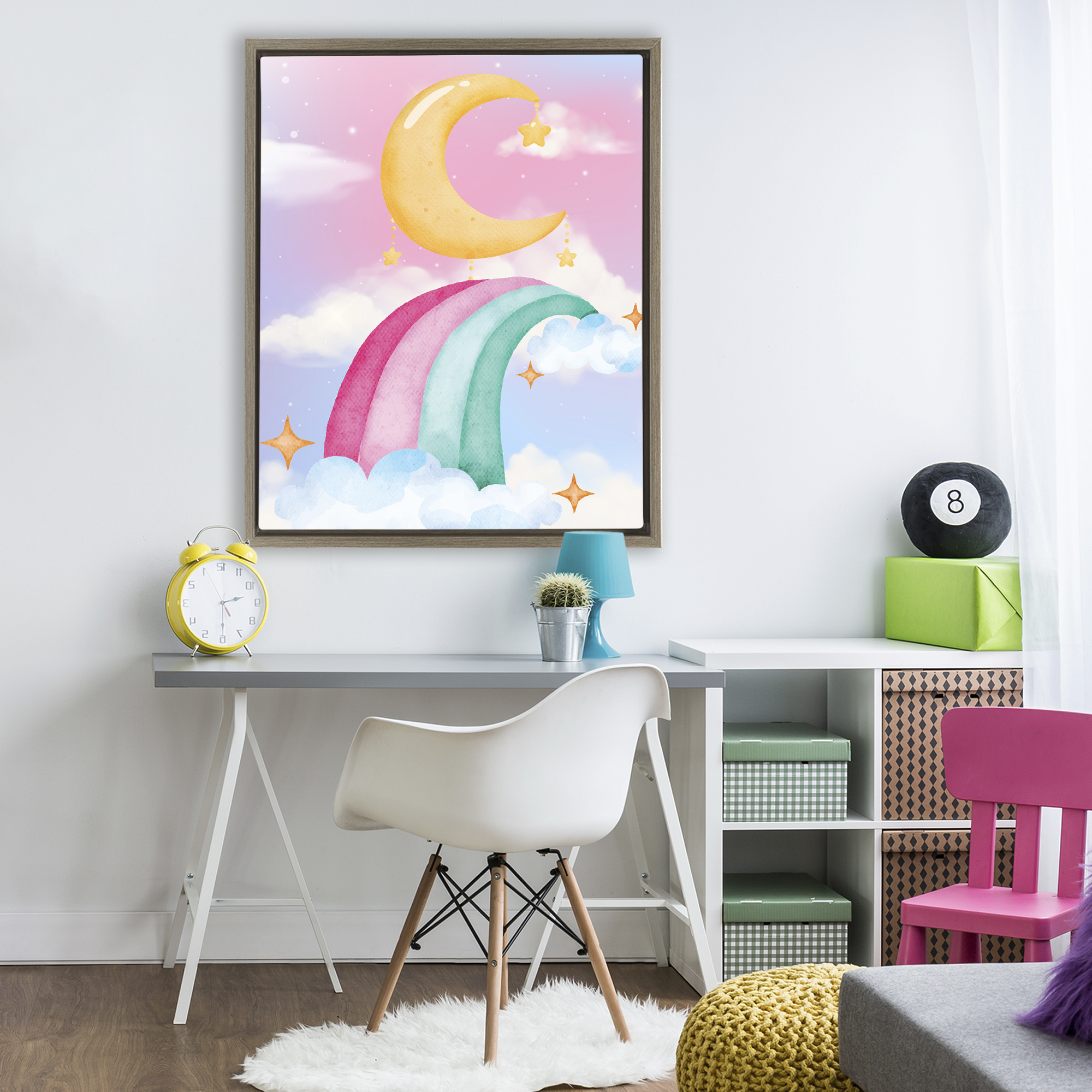 Moon Rainbow in Clouds Brown Framed Floater Canvas Wall Art, design by Jesse Keith