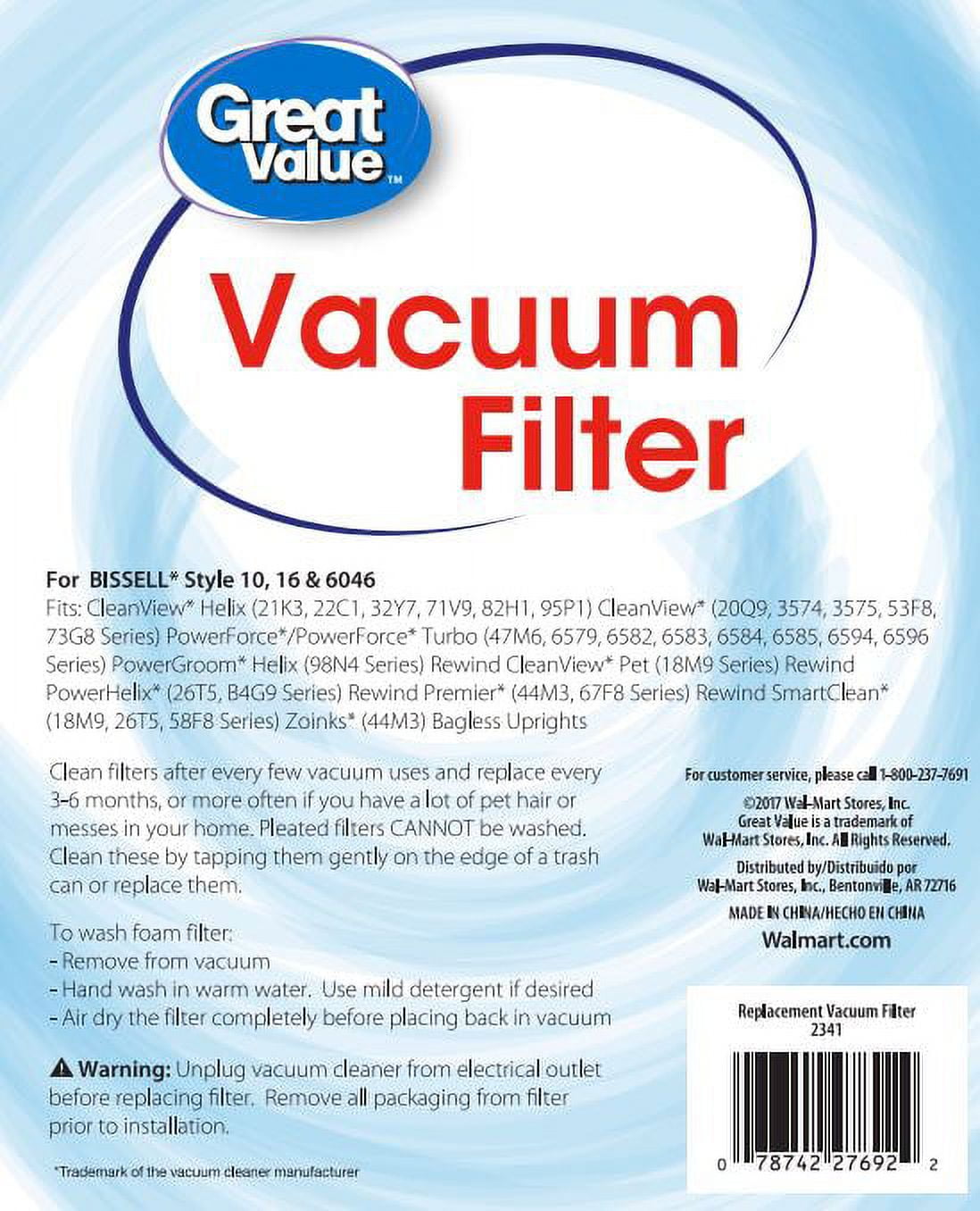 Great Value BISSELL Style 10, 16, & 6046 Vacuum Filter, 1 Count, 2341