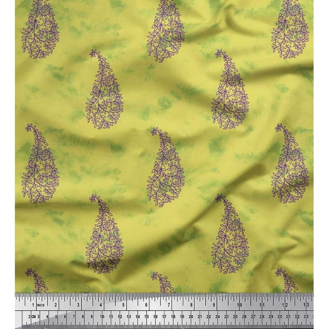 Toile de Coton Jaune Imprimé Feuille & Paisley par Yard 56 Pouces de Large