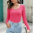 thumbnail image 2 of Scoop Neck Rib-knit Tops Womens Long Sleeve Slim Fit Casual Sexy Blouses Solid Color Fall Tee Shirt Tunics (XX-Large, Hot Pink), 2 of 6