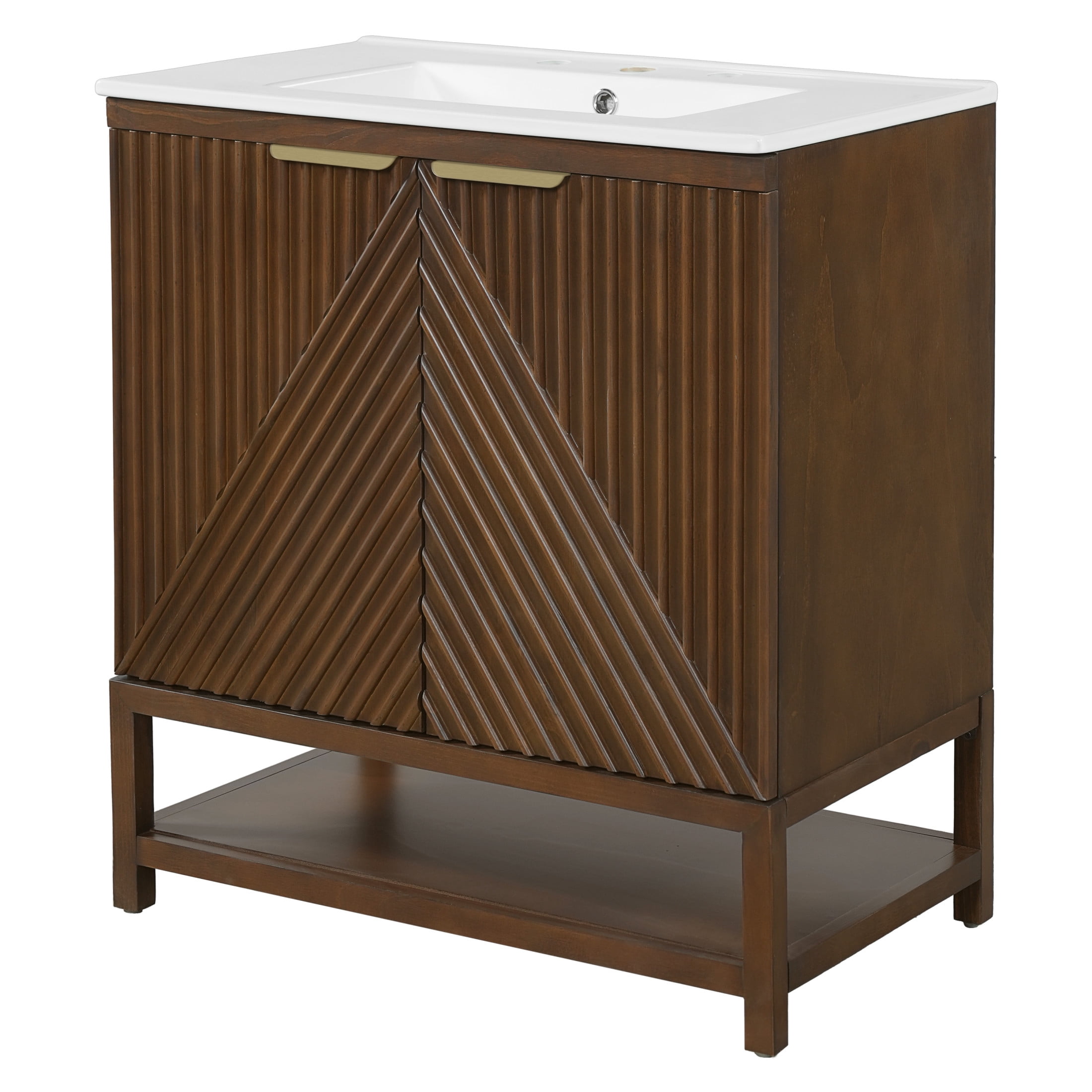 Christopher Knight Home 30" Bathroom Vanity, Fluted Cabinet with Ceramic Sink, Hidden Storage, Walnut