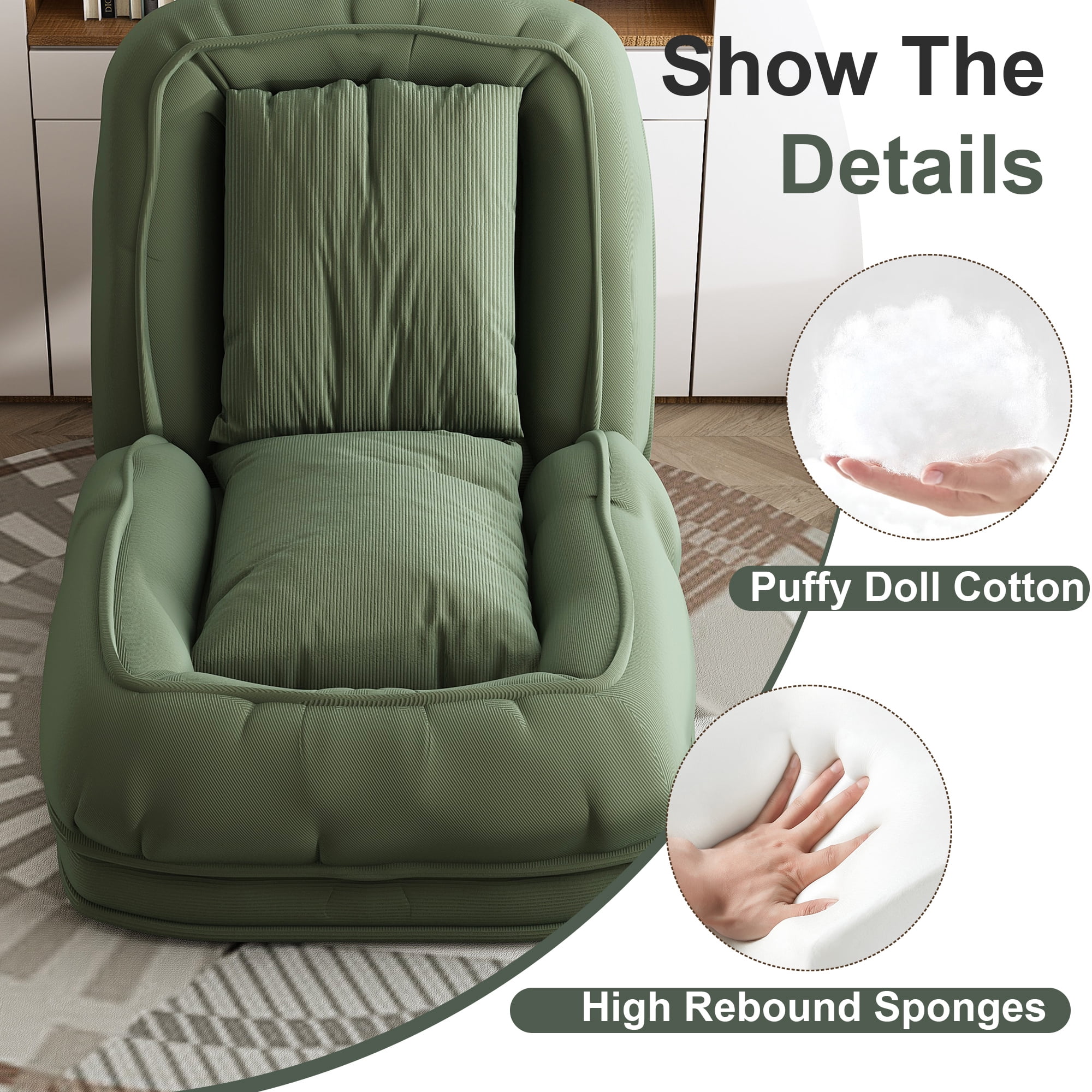 Jopath Foldable Lazy Sofa Bed with 2 Soft Pillows,Human Dog Bed with 5 Adjustable Position for Bedroom Living Room Reading Corner(Green)