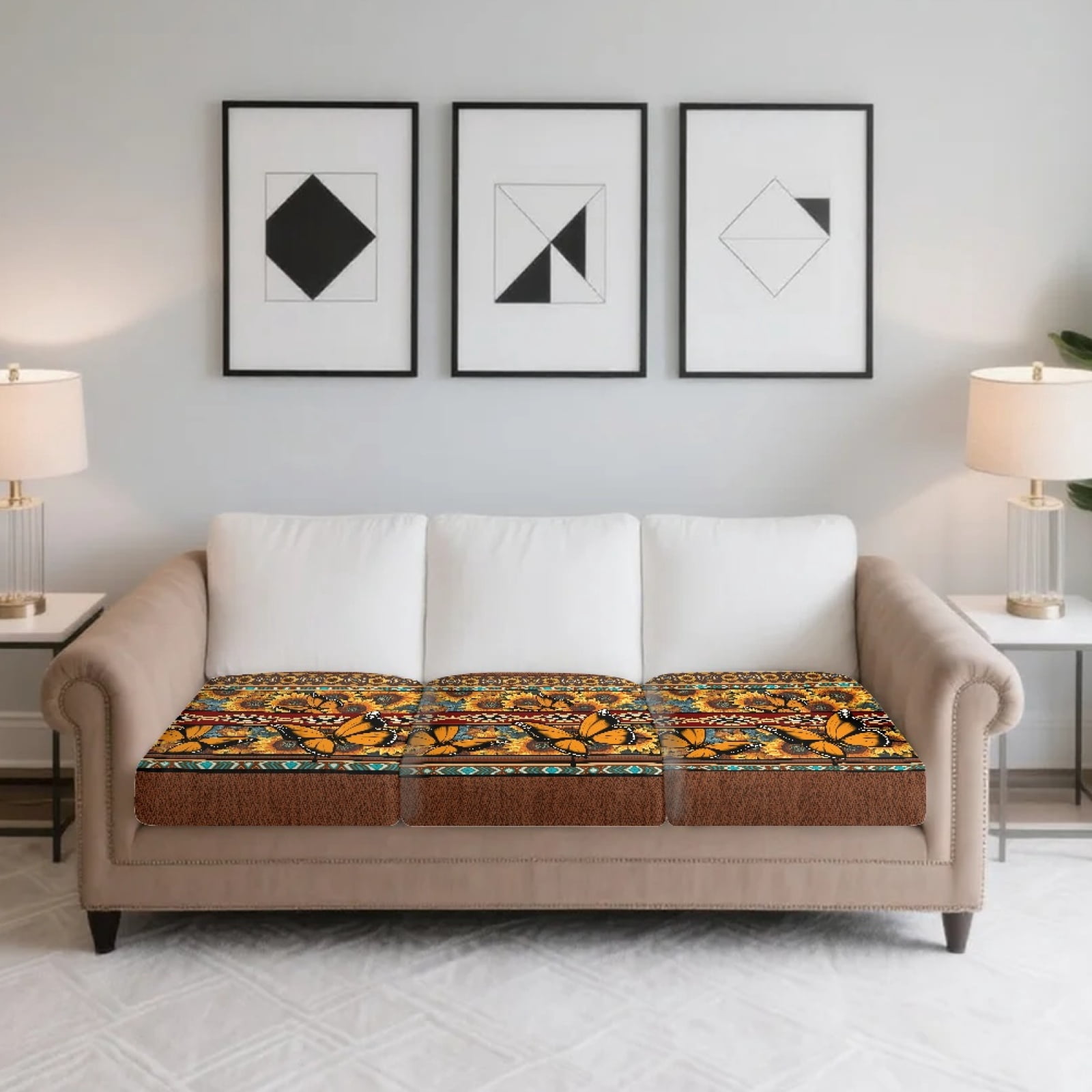 COEQINE Stretch Sofa Cover Fitted Individual Couch Cushion Cover Patterned Seat Cushion Slipcover Pet Sofa Slipcover Replacement for Living Room, 3 Pack, American Tribal Butterfly Sunflower