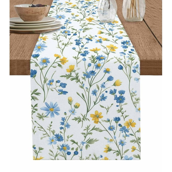 Table Runner Dresser Scarf 13 x 90 Inch Spring Floral Blue Yellow Wildflower Sage Green Leaves Table Runners Non-Slip Heat Kitchen Dining Table Decor for Indoor Outdoor Home Party Decoration