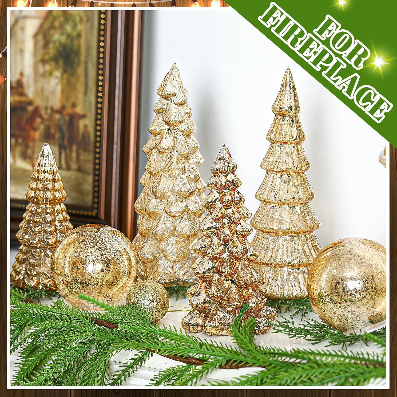 6 Pcs Mercury Glass Christmas Tree for Tabletop Light up Figurine Christmas Tree Mercury Cracked Glass Globe with Light for Xmas Decor Home Party Centerpiece Mantel Gift