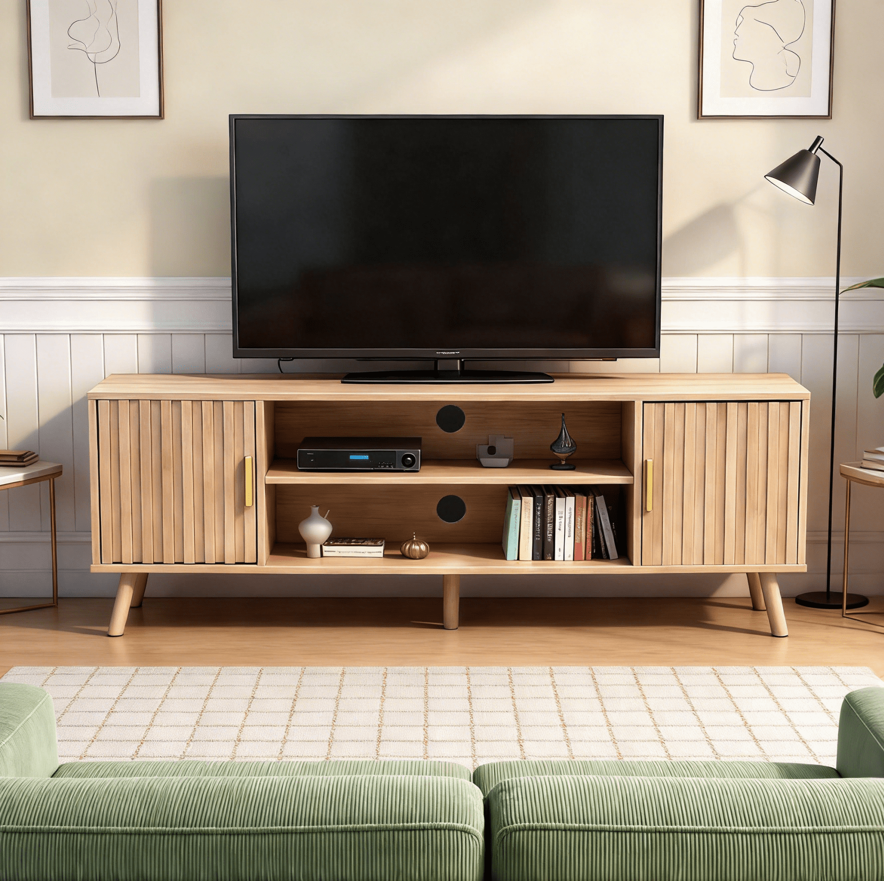 Ktaxon Modern Fluted TV Stand, 59" Television Stand for 55/60/65" TVs with 2 Doors and Adjustable Shelves, Media Console Storage Cabinet, Natural Wood