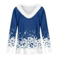 thumbnail image 4 of Fiaer Fur Trim V Neck Christmas Tshirts for Women Xmas Snowflake Graphic Holiday T Shirts Plus Size Long Sleeve Loose Fit Tops Blue M, 4 of 5