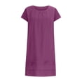 thumbnail image 4 of SDNall Summer Dresses for Women 2024 Fashion Cotton and Linen Crewneck Loose Short Sleeve Solid Mini Dress (Purple, Sizes S-XXXXXL), 4 of 9
